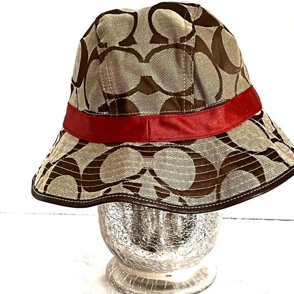 Authentic Coach Canvas Monogrammed Beige Orange Bucket Hat Womens M/L Host Pick - Picture 2 of 6